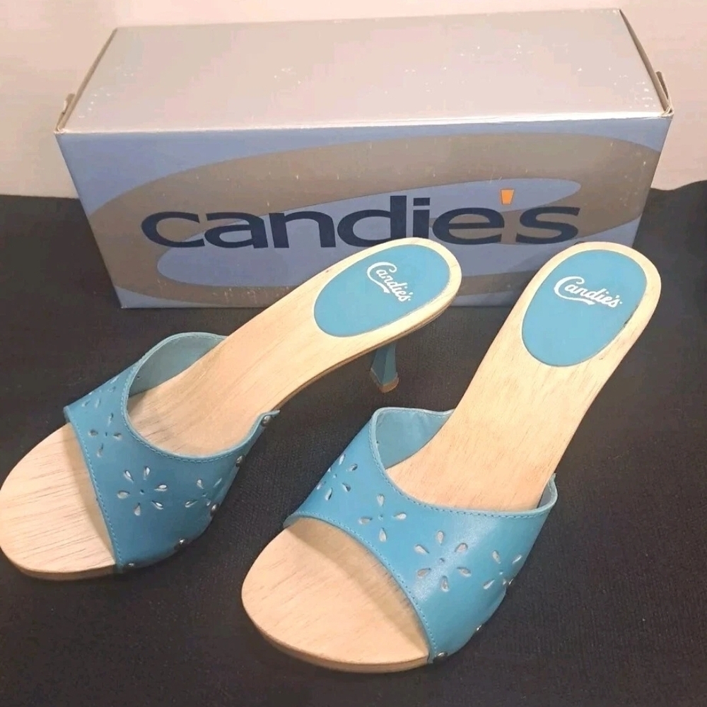 Candie's Vintage 1980's Style Sandals Low 2" Heel Slides Turquoise Size 7 W/Box - Picture 2 of 5